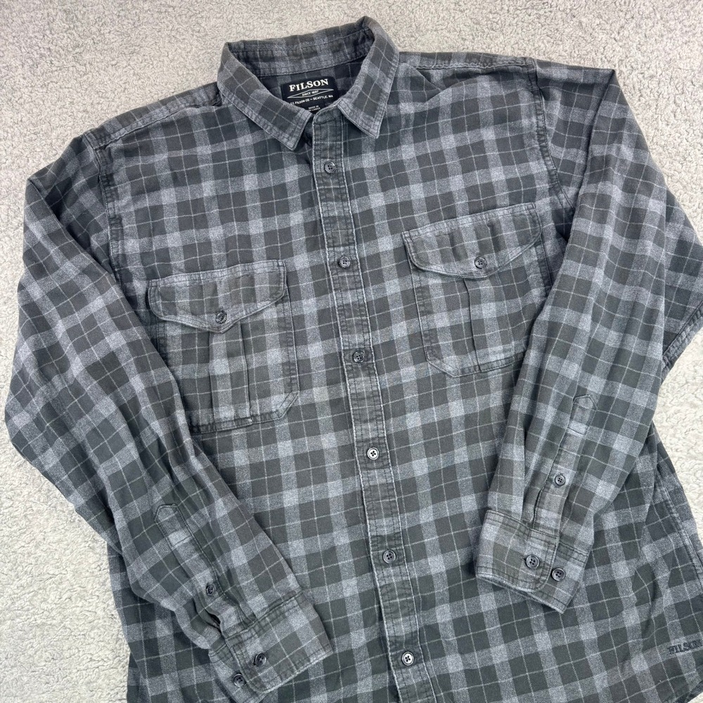 Filson Scout Shirt Mens L Heather Black Grey Plaid Cotton Button Down 11010743